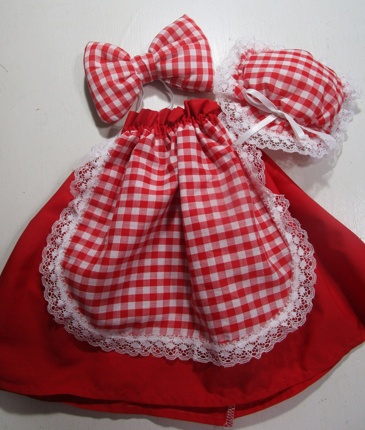 Red and white dress, bonnet and hat