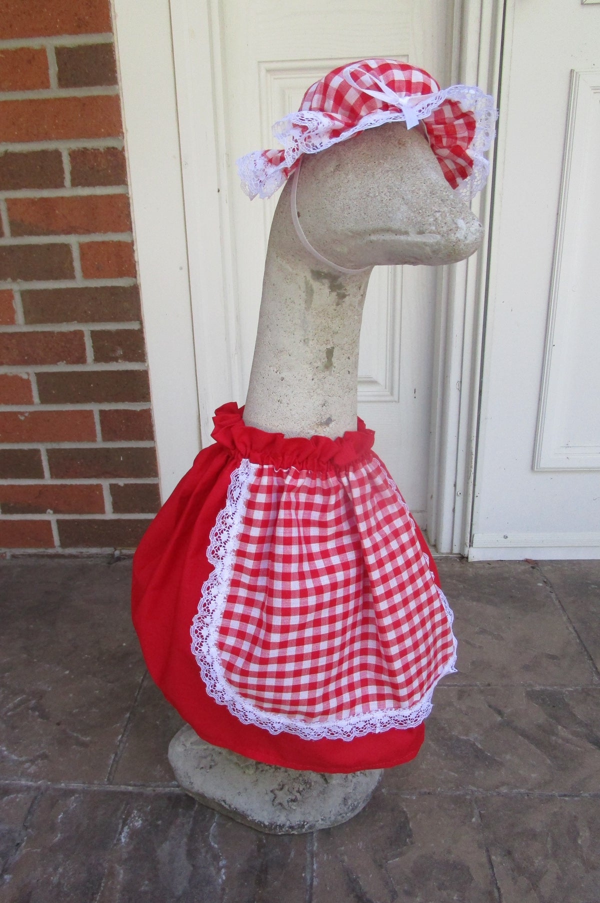 Red and white dress, bonnet and hat