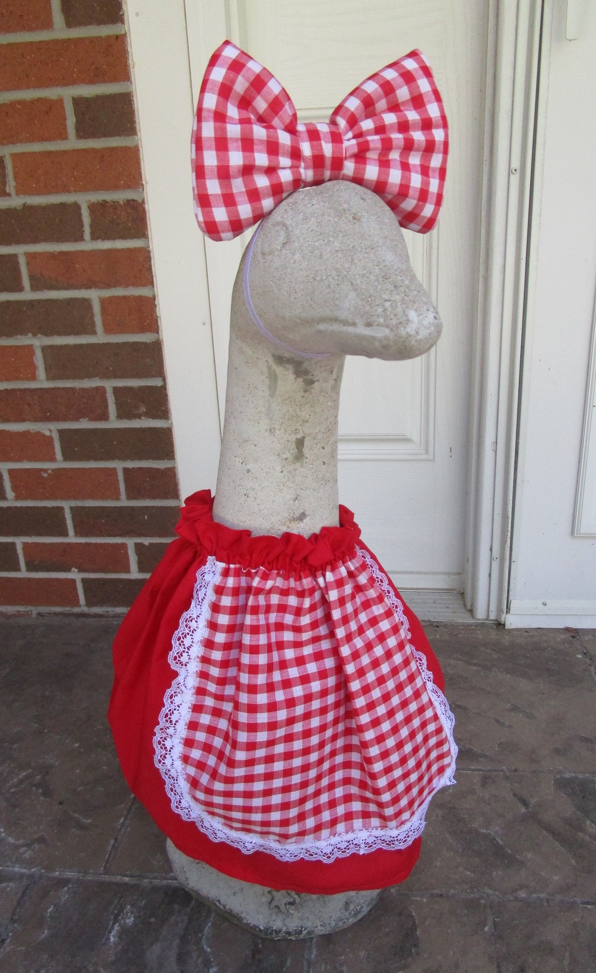 Red and white dress, bonnet and hat
